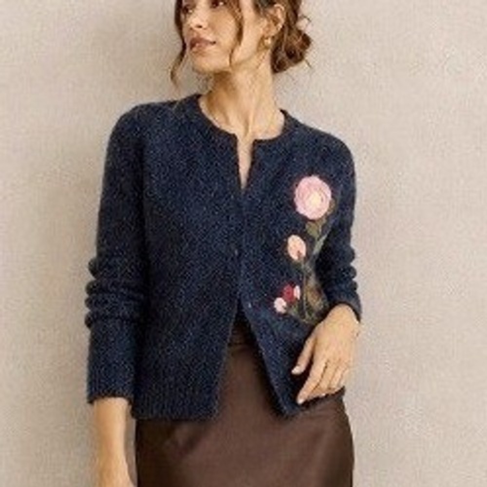 Moth Anthropologie Floral Embroidered Cardigan Women XS Navy Blue Wool Mohair